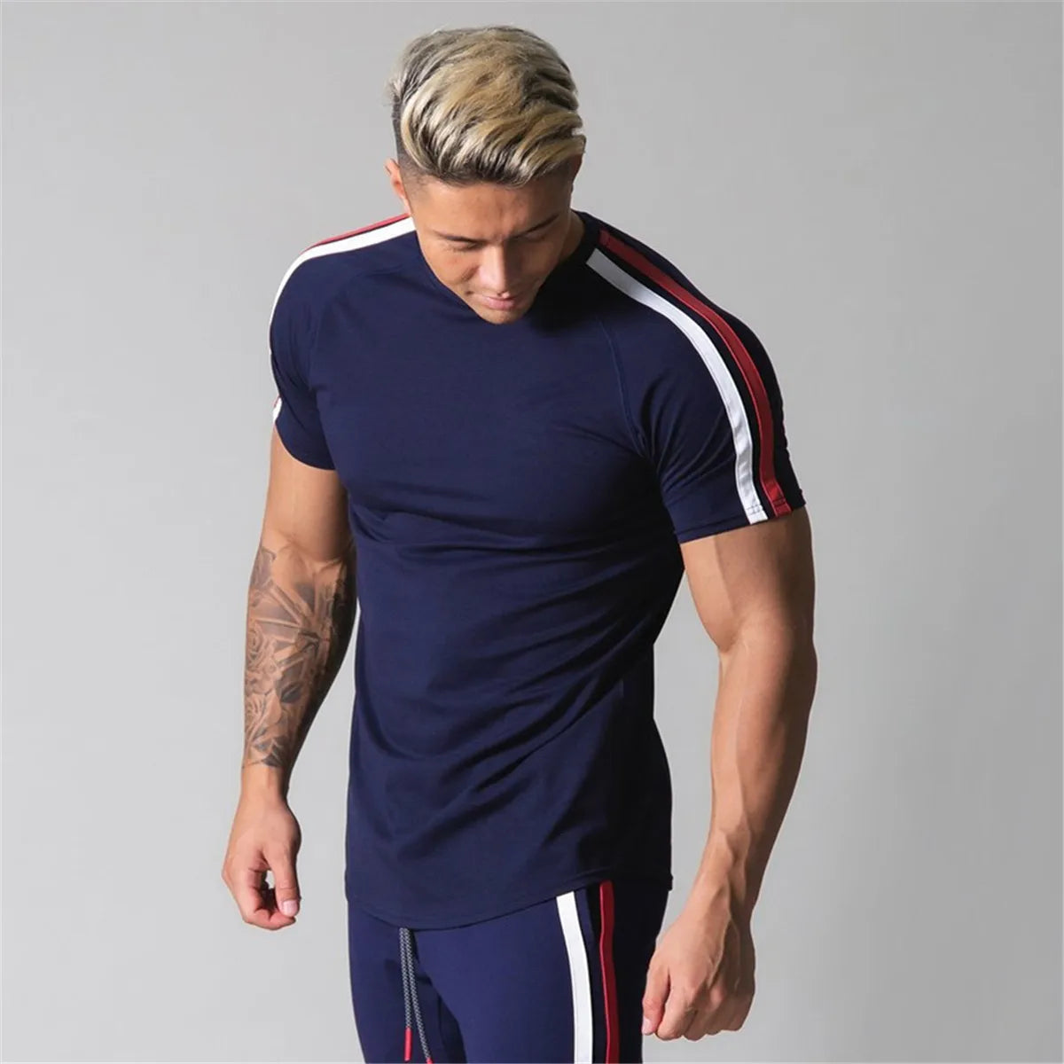 Men’s Athletic Slim Fit Gym T-Shirt – Short Sleeve Cotton Training Top with Sport Stripe Design
