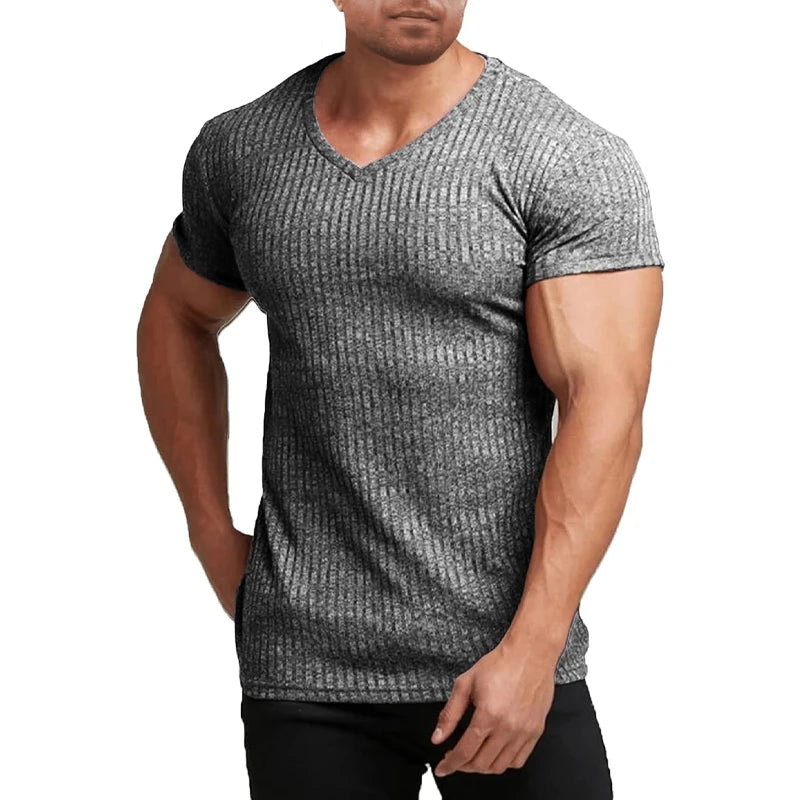 Men’s Ribbed V-Neck Muscle T-Shirt – Short Sleeve Slim Fit Stretch Tee for Bodybuilding, Training & Casual Wear