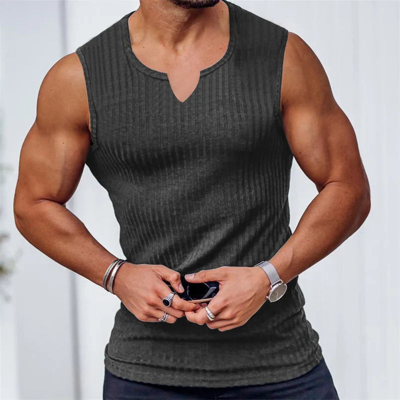 Men’s V-Neck Ribbed Tank Top Sleeveless Shirt – Fitness Muscle Vest Gym Training Sports Undershirt