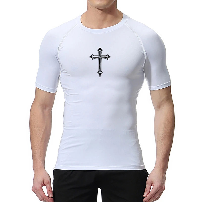 Men’s Cross Print Compression Shirt – Short/Long Sleeve Rash Guard Gym Top, Quick-Dry Base Layer – Hides Belly Fat & Gynecomastia