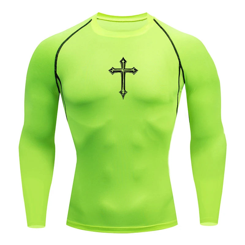 Men’s Cross Print Compression Shirt – Short/Long Sleeve Rash Guard Gym Top, Quick-Dry Base Layer – Hides Belly Fat & Gynecomastia