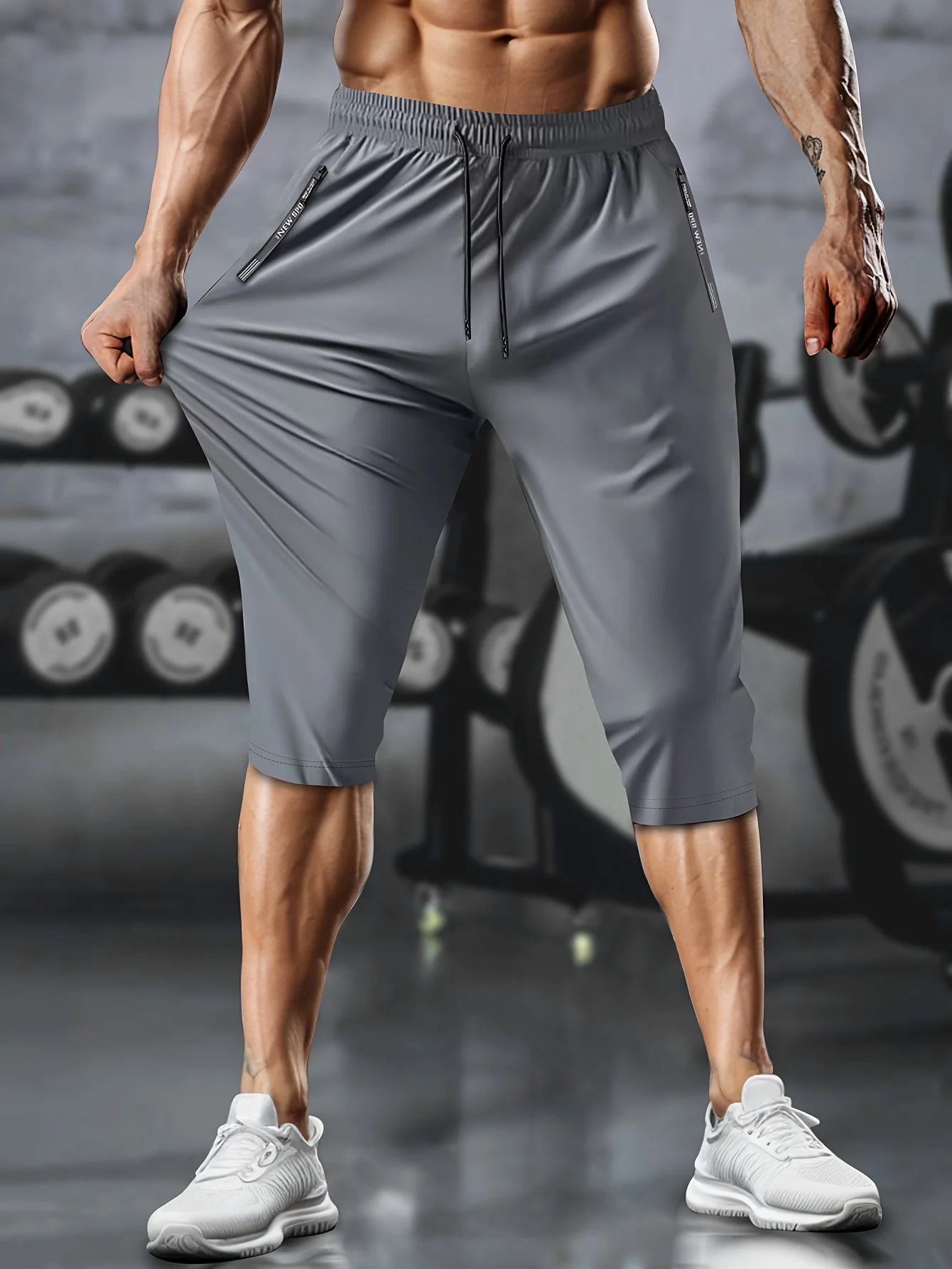 Men’s Lightweight Cropped Athletic Pants – Quick-Dry Training Shorts with Drawstring & Zipper Pockets