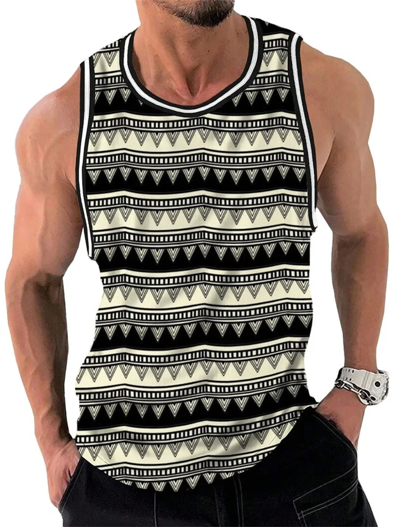 Men’s Retro Geometric Tank Top – Casual Sleeveless 3D Print Vest, Quick-Dry & Breathable Loose Fit Pullover