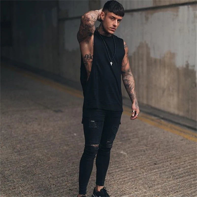 Men’s Longline Gym Tank Top Shirt – Cotton Sleeveless Workout Vest for Fitness, Training, and Hip Hop Style