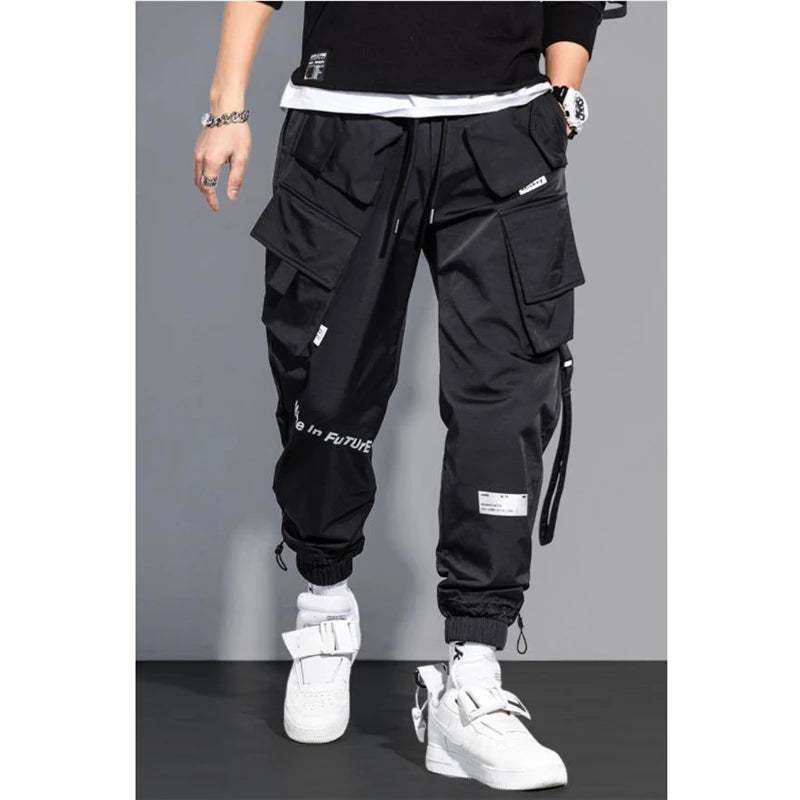 Men’s Streetwear Cargo Jogger Pants – Multi-Pocket Slim Fit Harem Trousers with Ribbons
