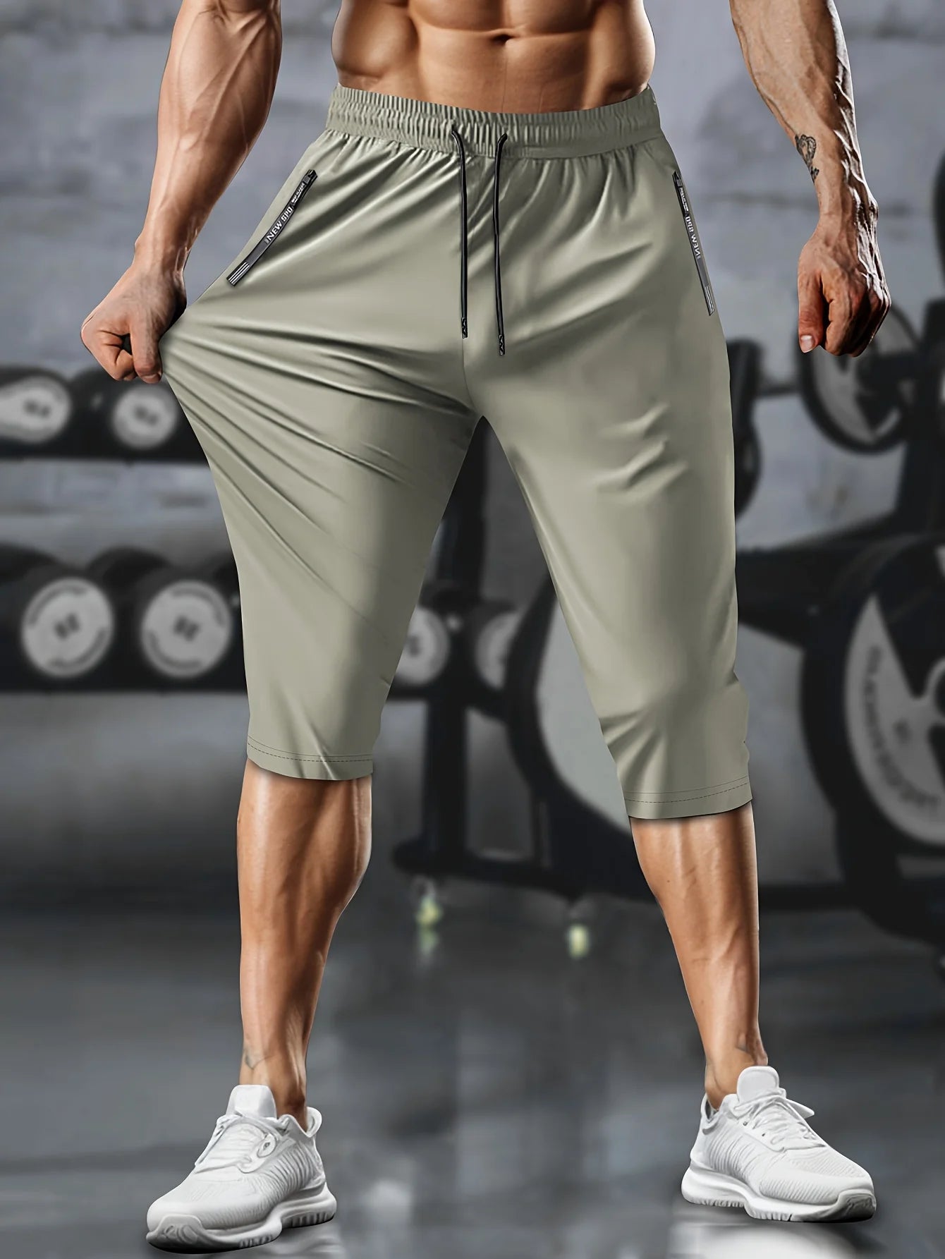 Men’s Lightweight Cropped Athletic Pants – Quick-Dry Training Shorts with Drawstring & Zipper Pockets