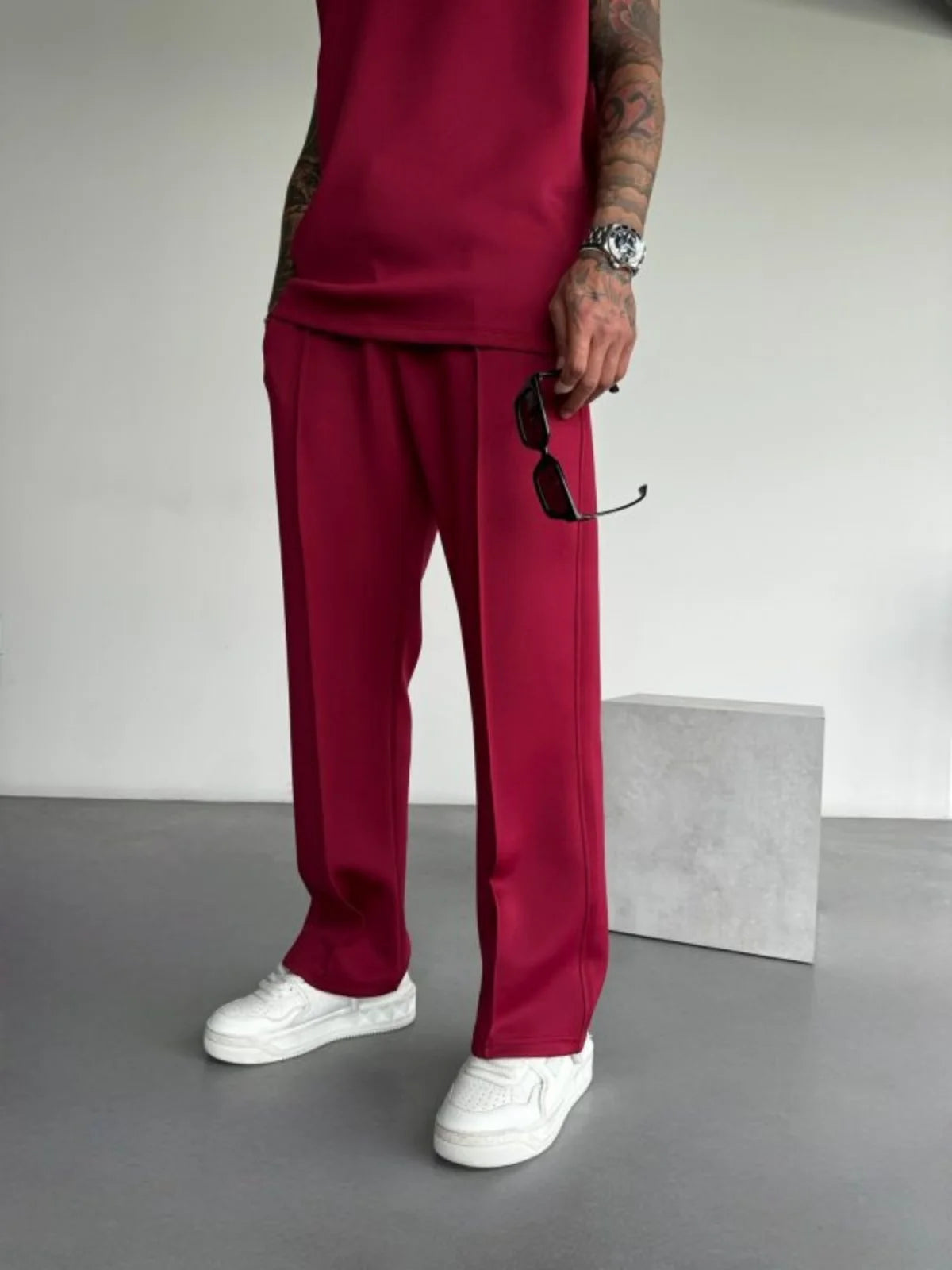 Men’s Casual Solid Color Pants – Elastic Waist Drawstring Trousers with Pleats and Pockets