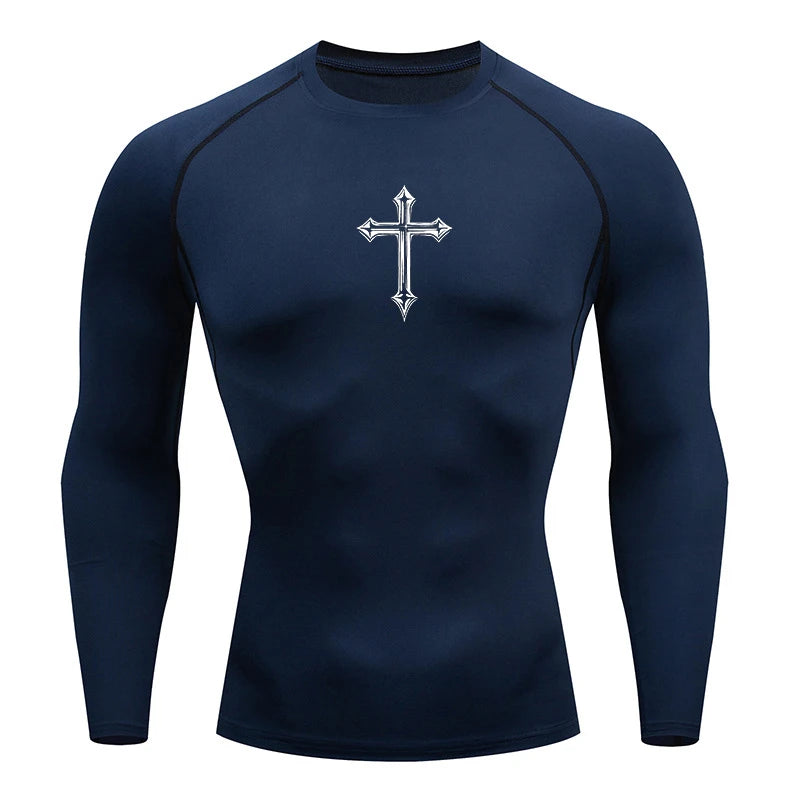 Men’s Cross Print Compression Shirt – Short/Long Sleeve Rash Guard Gym Top, Quick-Dry Base Layer – Hides Belly Fat & Gynecomastia