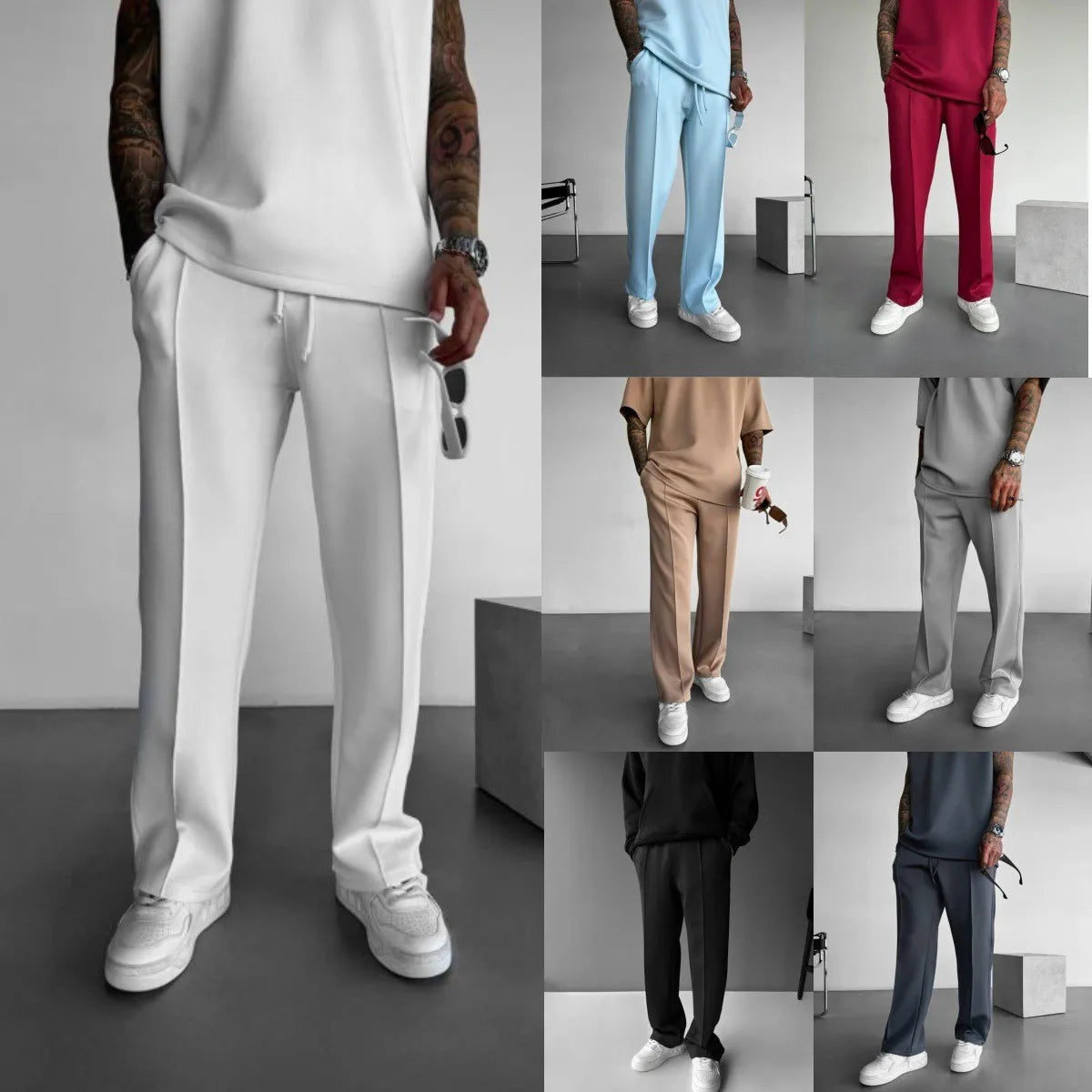 Men’s Casual Solid Color Pants – Elastic Waist Drawstring Trousers with Pleats and Pockets