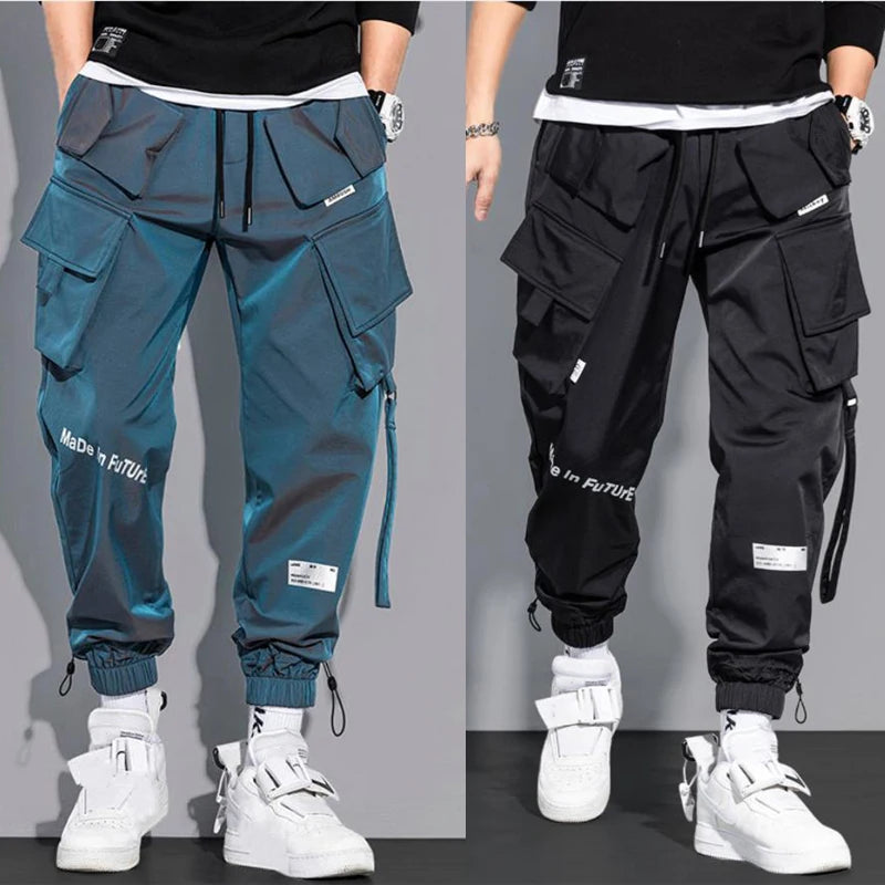 Men’s Streetwear Cargo Jogger Pants – Multi-Pocket Slim Fit Harem Trousers with Ribbons