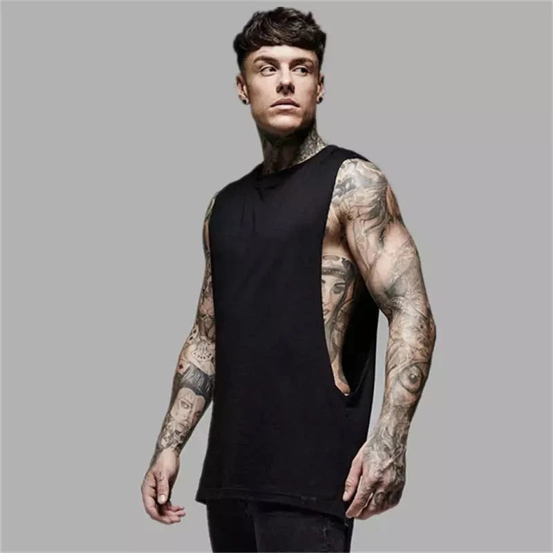 Men’s Longline Gym Tank Top Shirt – Cotton Sleeveless Workout Vest for Fitness, Training, and Hip Hop Style
