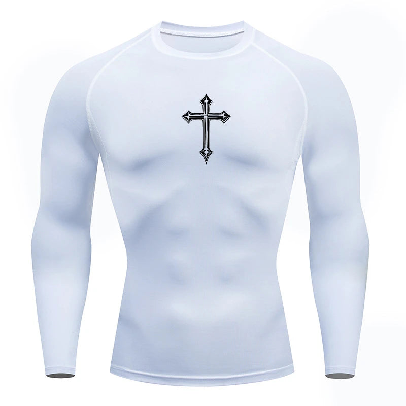 Men’s Cross Print Compression Shirt – Short/Long Sleeve Rash Guard Gym Top, Quick-Dry Base Layer – Hides Belly Fat & Gynecomastia