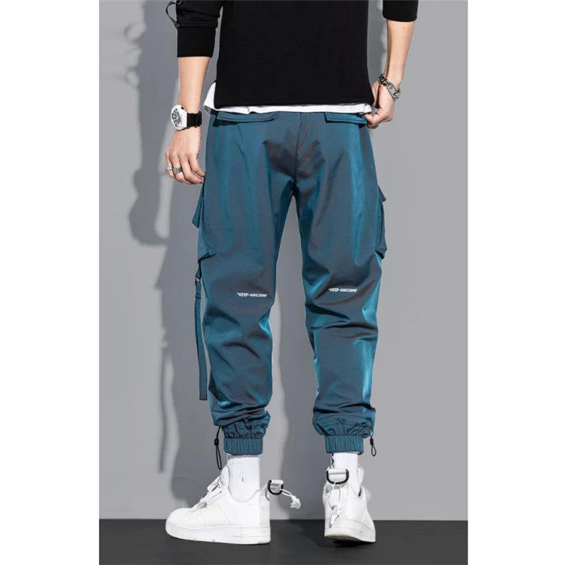 Men’s Streetwear Cargo Jogger Pants – Multi-Pocket Slim Fit Harem Trousers with Ribbons