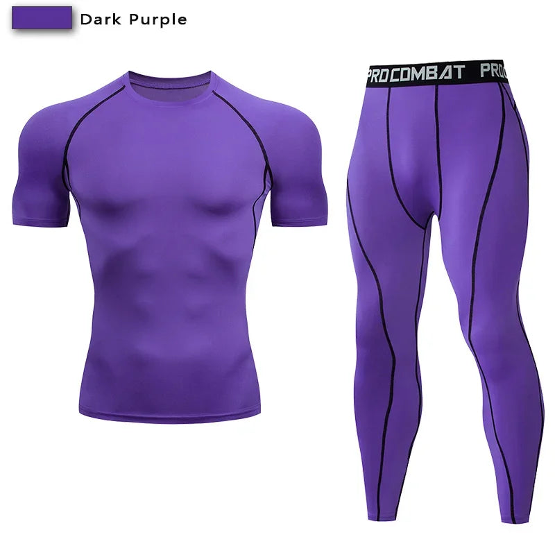2PCS Men’s Compression Workout Set – Short & Long Sleeve Gym Shirt + Leggings | Quick Dry Fitness Clothes | Athletic Training Sportswear for Running, Yoga, MMA, Bodybuilding