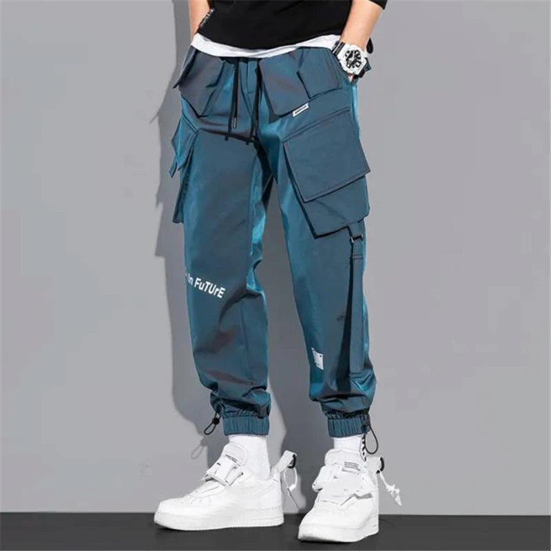Men’s Streetwear Cargo Jogger Pants – Multi-Pocket Slim Fit Harem Trousers with Ribbons