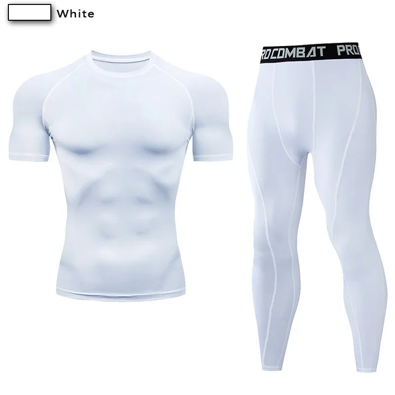 2PCS Men’s Compression Workout Set – Short & Long Sleeve Gym Shirt + Leggings | Quick Dry Fitness Clothes | Athletic Training Sportswear for Running, Yoga, MMA, Bodybuilding