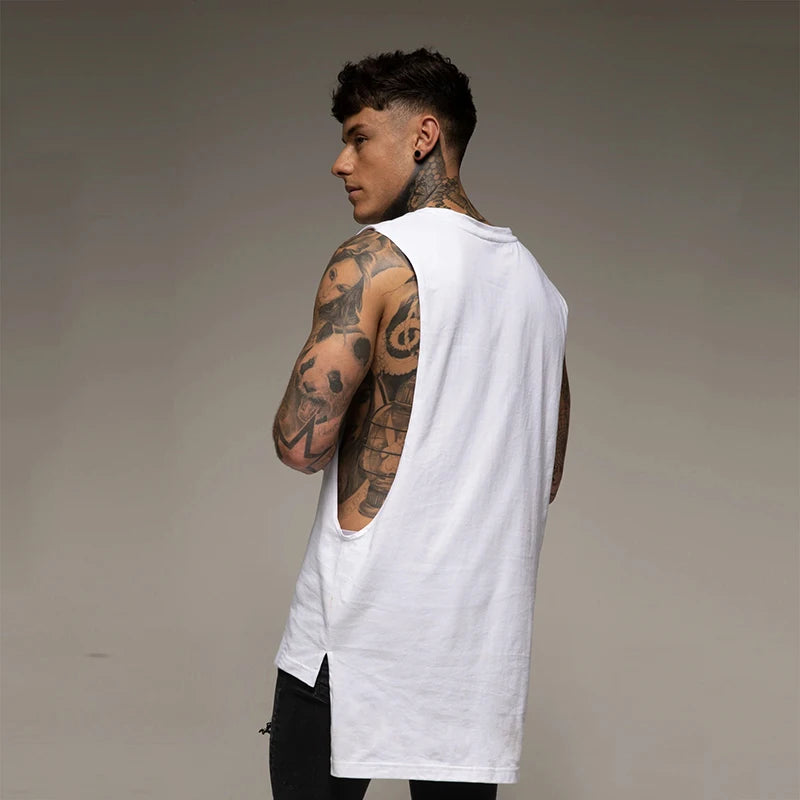 Men’s Longline Gym Tank Top Shirt – Cotton Sleeveless Workout Vest for Fitness, Training, and Hip Hop Style