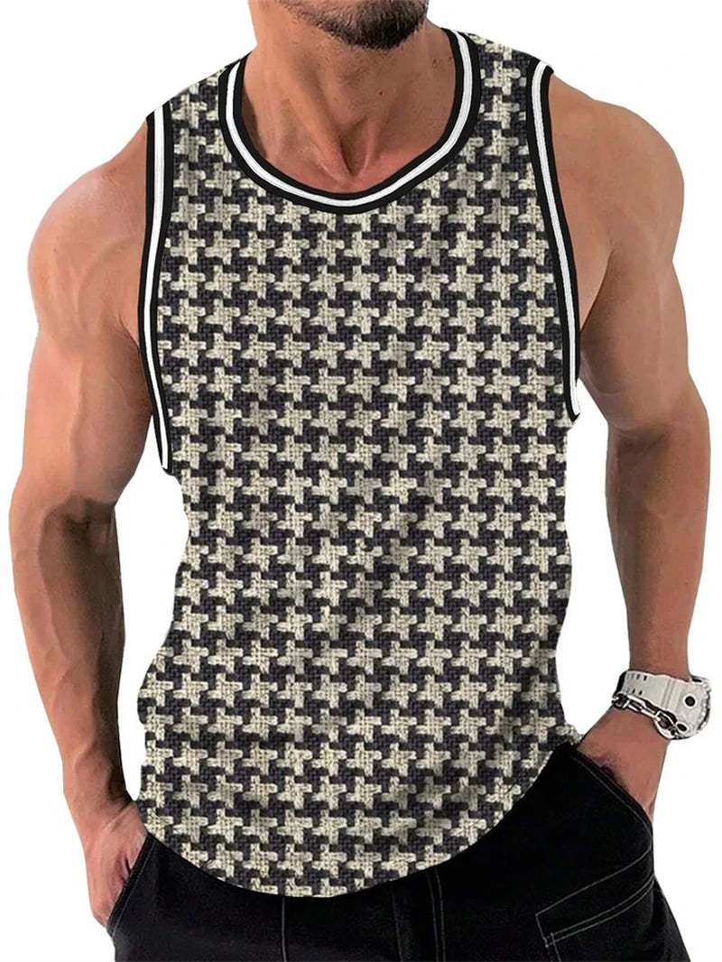Men’s Retro Geometric Tank Top – Casual Sleeveless 3D Print Vest, Quick-Dry & Breathable Loose Fit Pullover