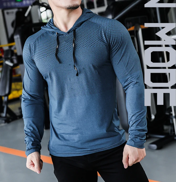 Men’s Long Sleeve Performance Hoodie with Drawstring – Breathable Slim Fit Training Top for Gym, Running & Outdoor Workouts
