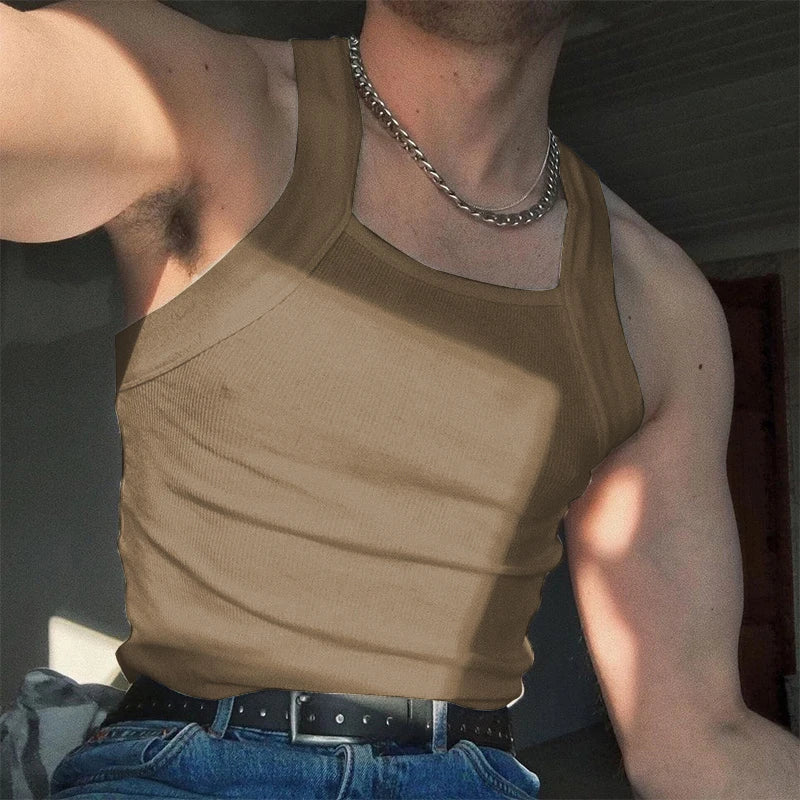 Men’s Slim Fit Ribbed Tank Top – Solid Color O-Neck Sleeveless Gym Shirt for Workout, Streetwear & Casual Wear