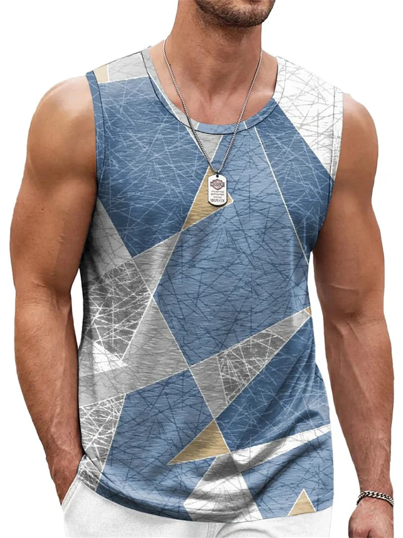 Men’s Retro Geometric Tank Top – Casual Sleeveless 3D Print Vest, Quick-Dry & Breathable Loose Fit Pullover
