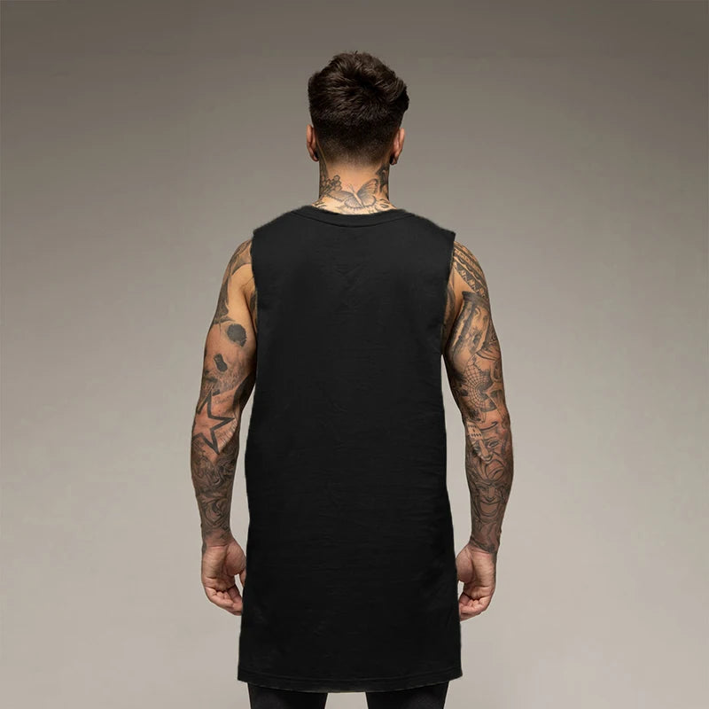 Men’s Longline Gym Tank Top Shirt – Cotton Sleeveless Workout Vest for Fitness, Training, and Hip Hop Style