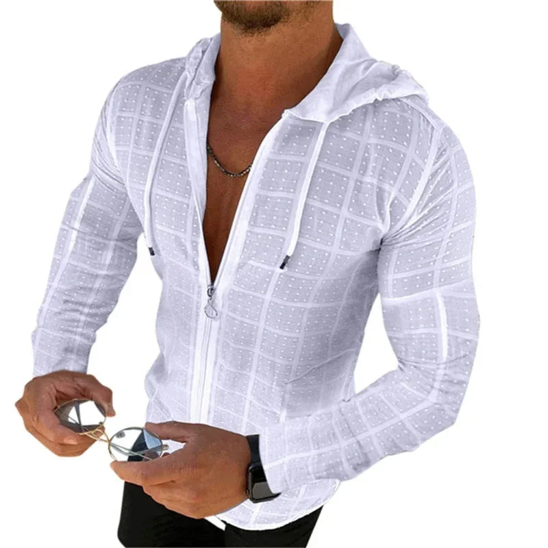 Men’s Sleeveless Zip-Up Hoodie – Lightweight Plaid Mesh Vest, Casual Streetwear, Sun Protection Top