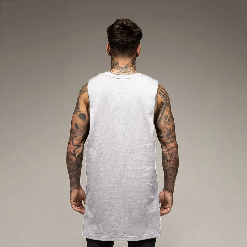 Men’s Longline Gym Tank Top Shirt – Cotton Sleeveless Workout Vest for Fitness, Training, and Hip Hop Style