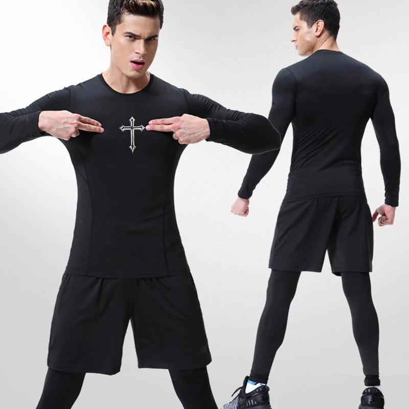 Men’s Cross Print Compression Shirt – Short/Long Sleeve Rash Guard Gym Top, Quick-Dry Base Layer – Hides Belly Fat & Gynecomastia