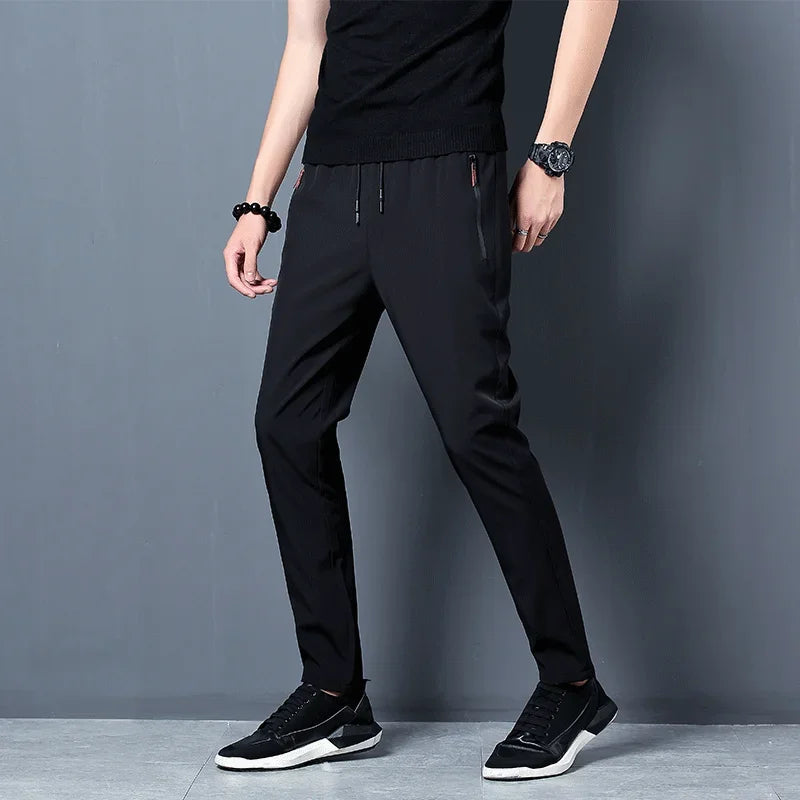 Men’s Slim Fit Casual Pants – Elastic Waist Joggers with Zipper Pockets, Straight Leg Trousers