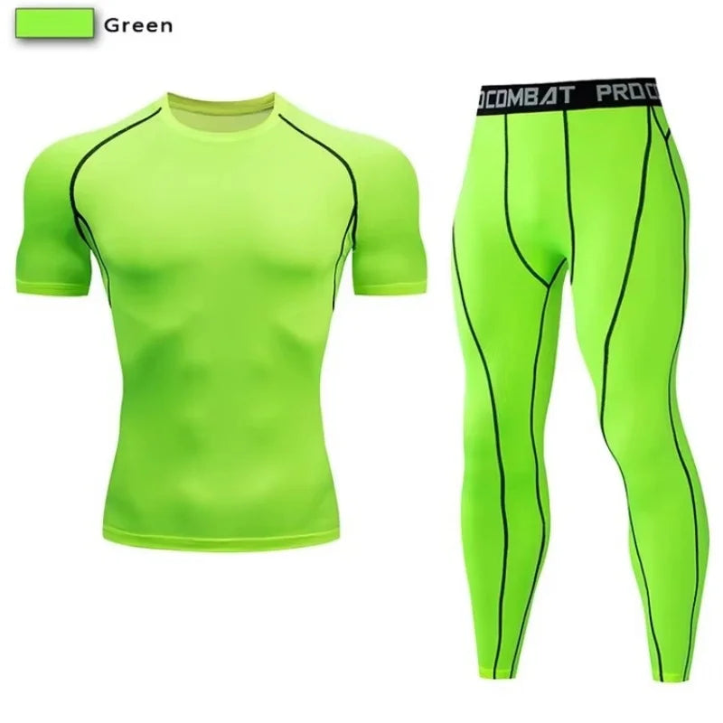 2PCS Men’s Compression Workout Set – Short & Long Sleeve Gym Shirt + Leggings | Quick Dry Fitness Clothes | Athletic Training Sportswear for Running, Yoga, MMA, Bodybuilding