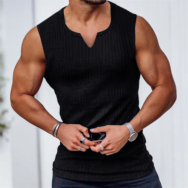 Men’s V-Neck Ribbed Tank Top Sleeveless Shirt – Fitness Muscle Vest Gym Training Sports Undershirt