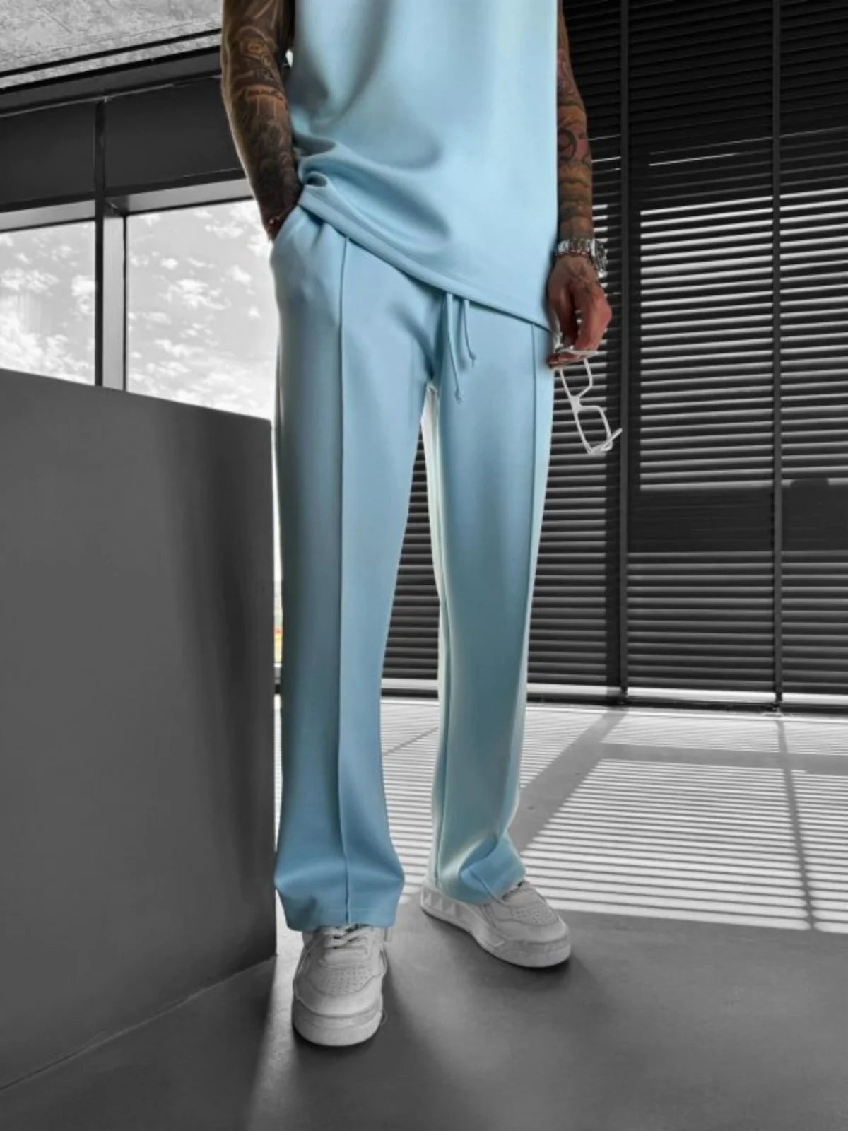 Men’s Casual Solid Color Pants – Elastic Waist Drawstring Trousers with Pleats and Pockets