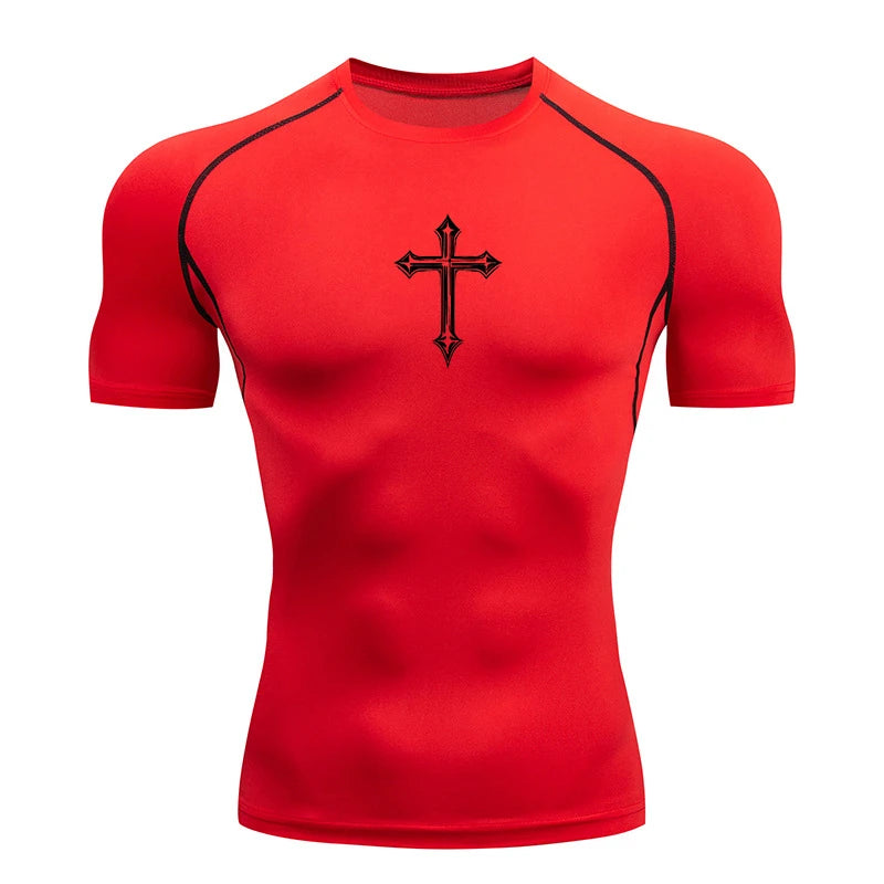 Men’s Cross Print Compression Shirt – Short/Long Sleeve Rash Guard Gym Top, Quick-Dry Base Layer – Hides Belly Fat & Gynecomastia