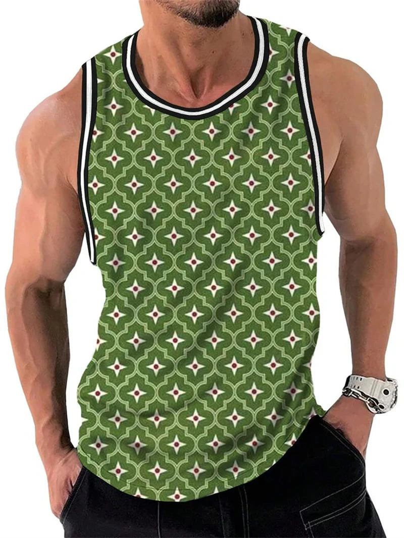 Men’s Retro Geometric Tank Top – Casual Sleeveless 3D Print Vest, Quick-Dry & Breathable Loose Fit Pullover