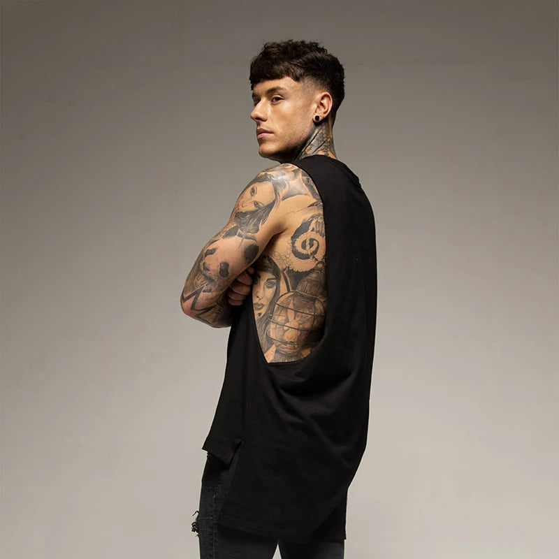 Men’s Longline Gym Tank Top Shirt – Cotton Sleeveless Workout Vest for Fitness, Training, and Hip Hop Style