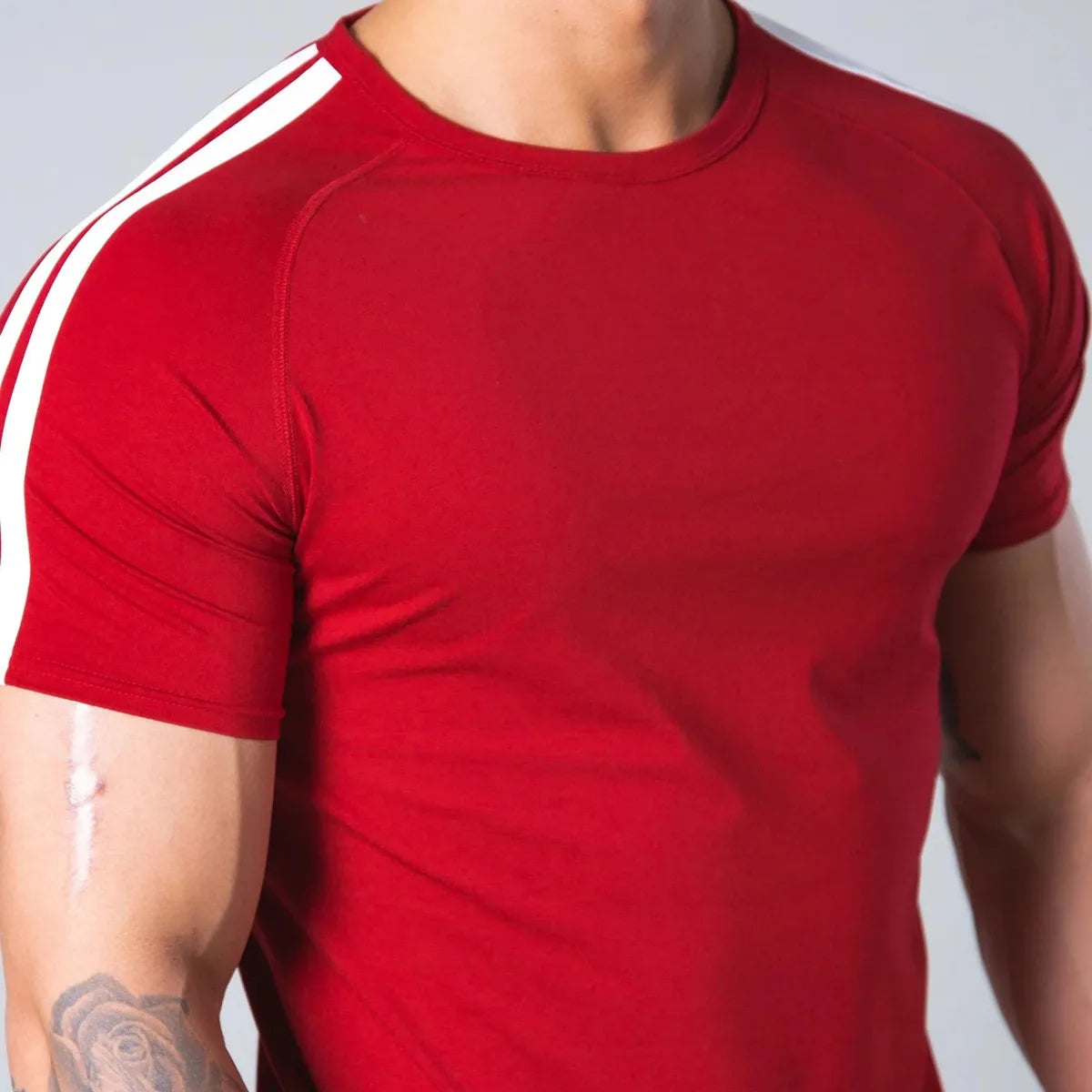 Men’s Athletic Slim Fit Gym T-Shirt – Short Sleeve Cotton Training Top with Sport Stripe Design