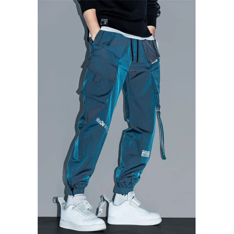 Men’s Streetwear Cargo Jogger Pants – Multi-Pocket Slim Fit Harem Trousers with Ribbons