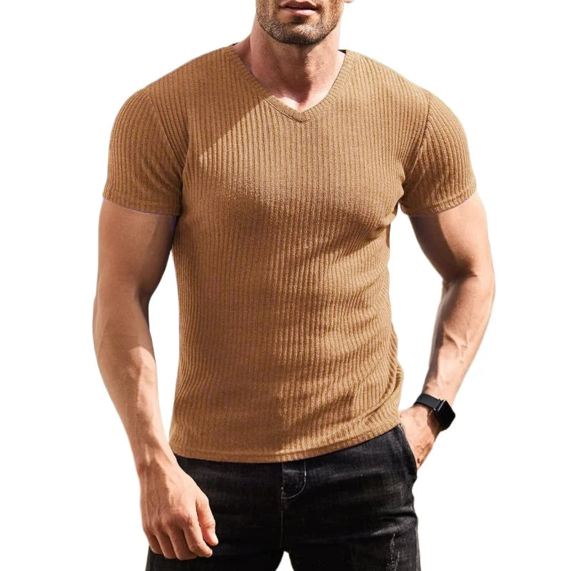 Men’s Ribbed V-Neck Muscle T-Shirt – Short Sleeve Slim Fit Stretch Tee for Bodybuilding, Training & Casual Wear