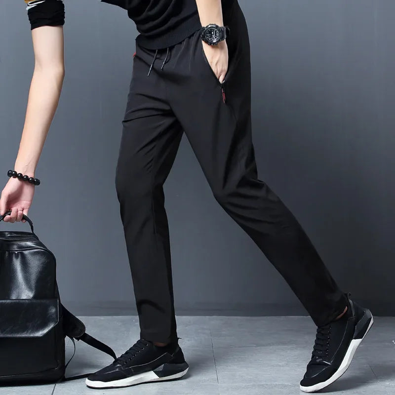 Men’s Slim Fit Casual Pants – Elastic Waist Joggers with Zipper Pockets, Straight Leg Trousers