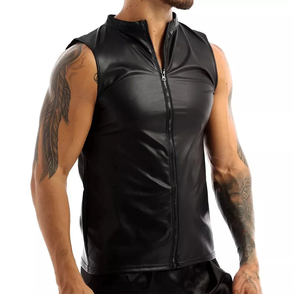 Men’s PU Leather Sleeveless Shirt – Zipper Front Biker Vest for Fashion, Streetwear, and Night Out