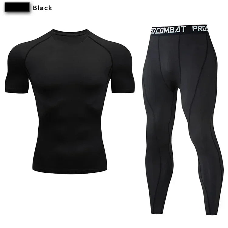 2PCS Men’s Compression Workout Set – Short & Long Sleeve Gym Shirt + Leggings | Quick Dry Fitness Clothes | Athletic Training Sportswear for Running, Yoga, MMA, Bodybuilding