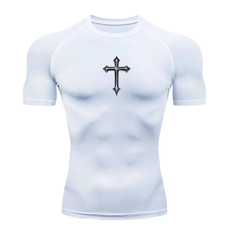 Men’s Cross Print Compression Shirt – Short/Long Sleeve Rash Guard Gym Top, Quick-Dry Base Layer – Hides Belly Fat & Gynecomastia