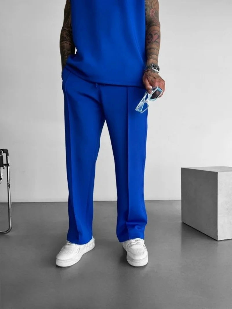 Men’s Casual Solid Color Pants – Elastic Waist Drawstring Trousers with Pleats and Pockets