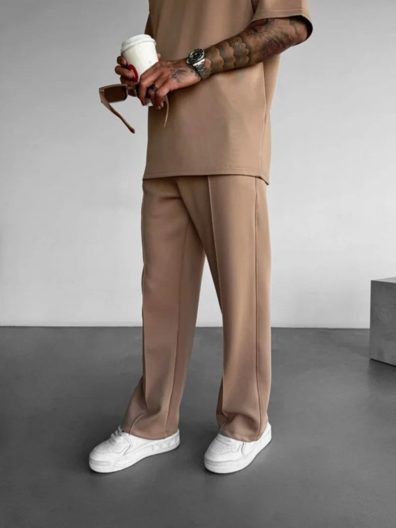 Men’s Casual Solid Color Pants – Elastic Waist Drawstring Trousers with Pleats and Pockets