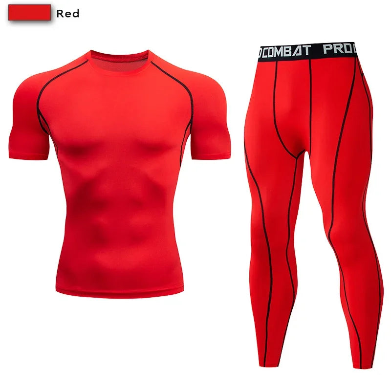 2PCS Men’s Compression Workout Set – Short & Long Sleeve Gym Shirt + Leggings | Quick Dry Fitness Clothes | Athletic Training Sportswear for Running, Yoga, MMA, Bodybuilding