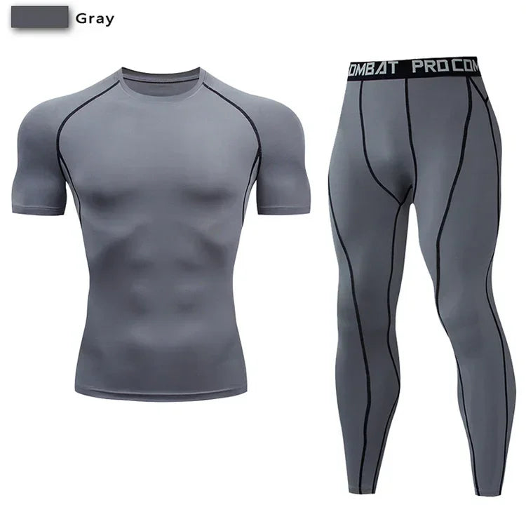 2PCS Men’s Compression Workout Set – Short & Long Sleeve Gym Shirt + Leggings | Quick Dry Fitness Clothes | Athletic Training Sportswear for Running, Yoga, MMA, Bodybuilding