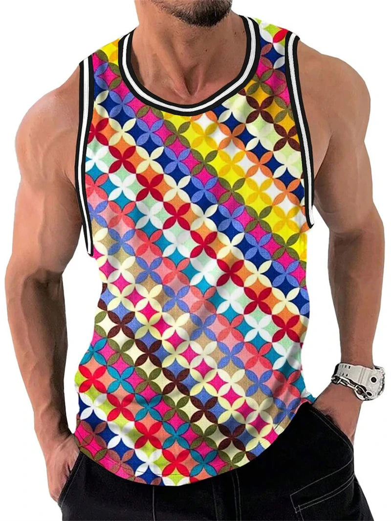Men’s Retro Geometric Tank Top – Casual Sleeveless 3D Print Vest, Quick-Dry & Breathable Loose Fit Pullover