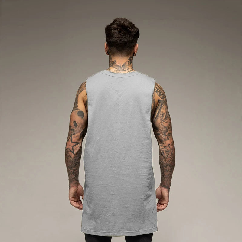 Men’s Longline Gym Tank Top Shirt – Cotton Sleeveless Workout Vest for Fitness, Training, and Hip Hop Style