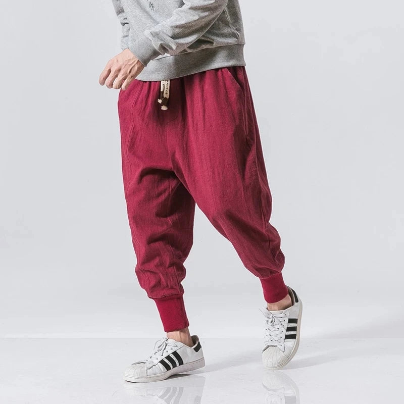Men’s Cotton Linen Harem Pants – Baggy Drop-Crotch Trousers with Elastic Waist